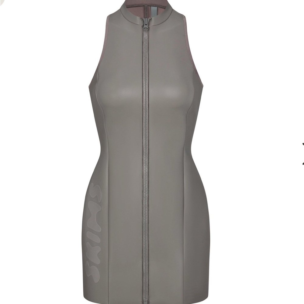New Skims Rubberized Scuba Swim Mock Neck Dress in Gray Chalk